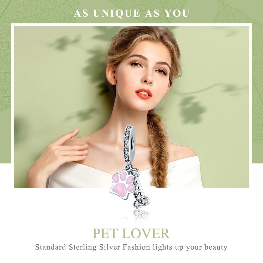 925 Sterling Silver Dog Footprint Diamond Bead Bracelet Charm