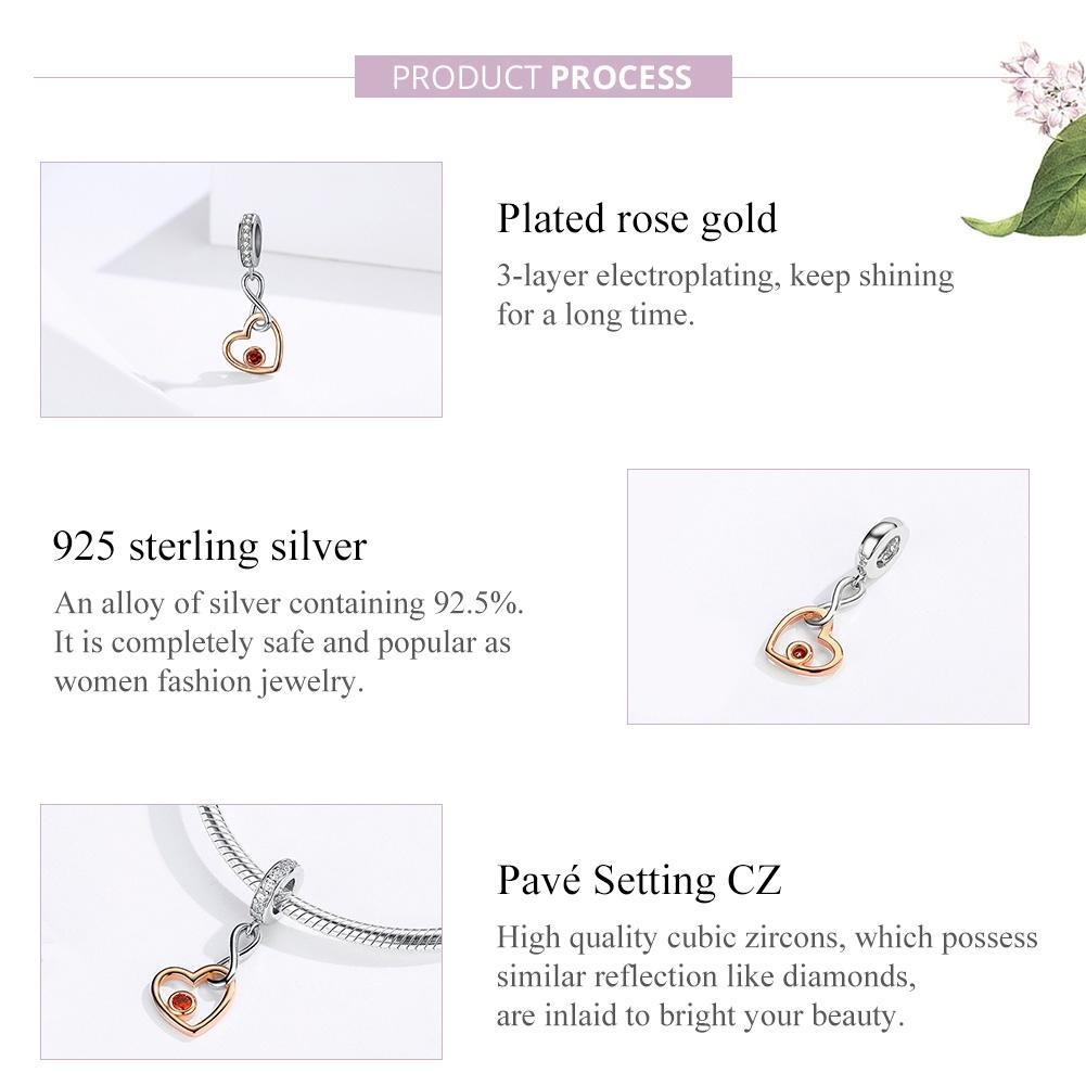 925 Sterling Silver Rose Gold Heart Pendant For Diy Bracelet Or Necklace