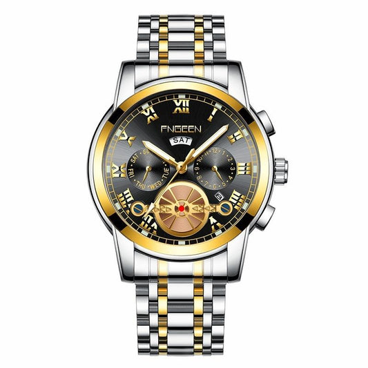 Gold Black Multi-function Men Quartz Watch with Gold Nails