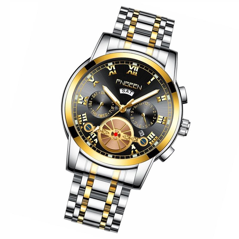 Gold Black Multi-function Men Quartz Watch with Gold Nails