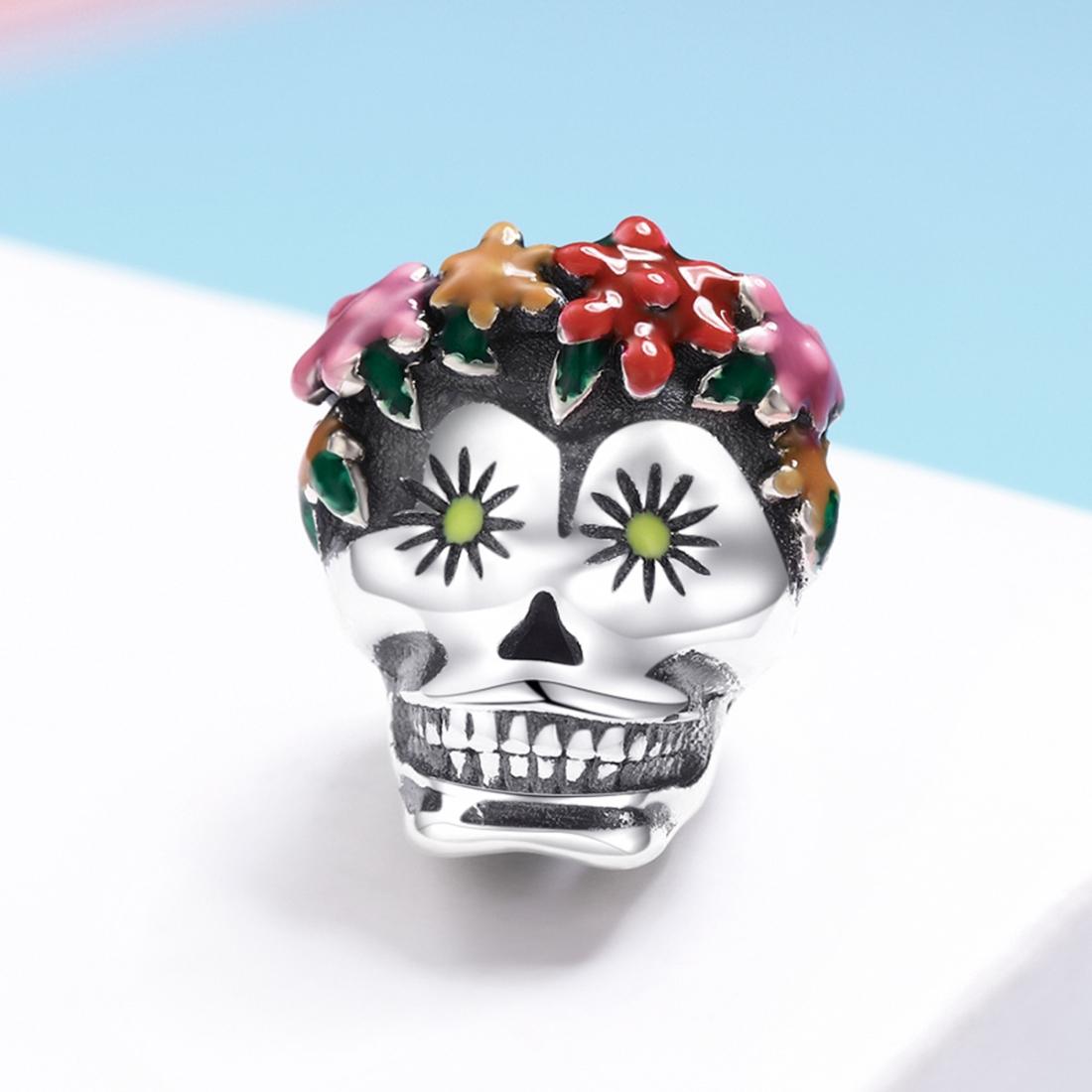 925 Sterling Silver Colorful Enamel Flower Skull Charms Bracelet