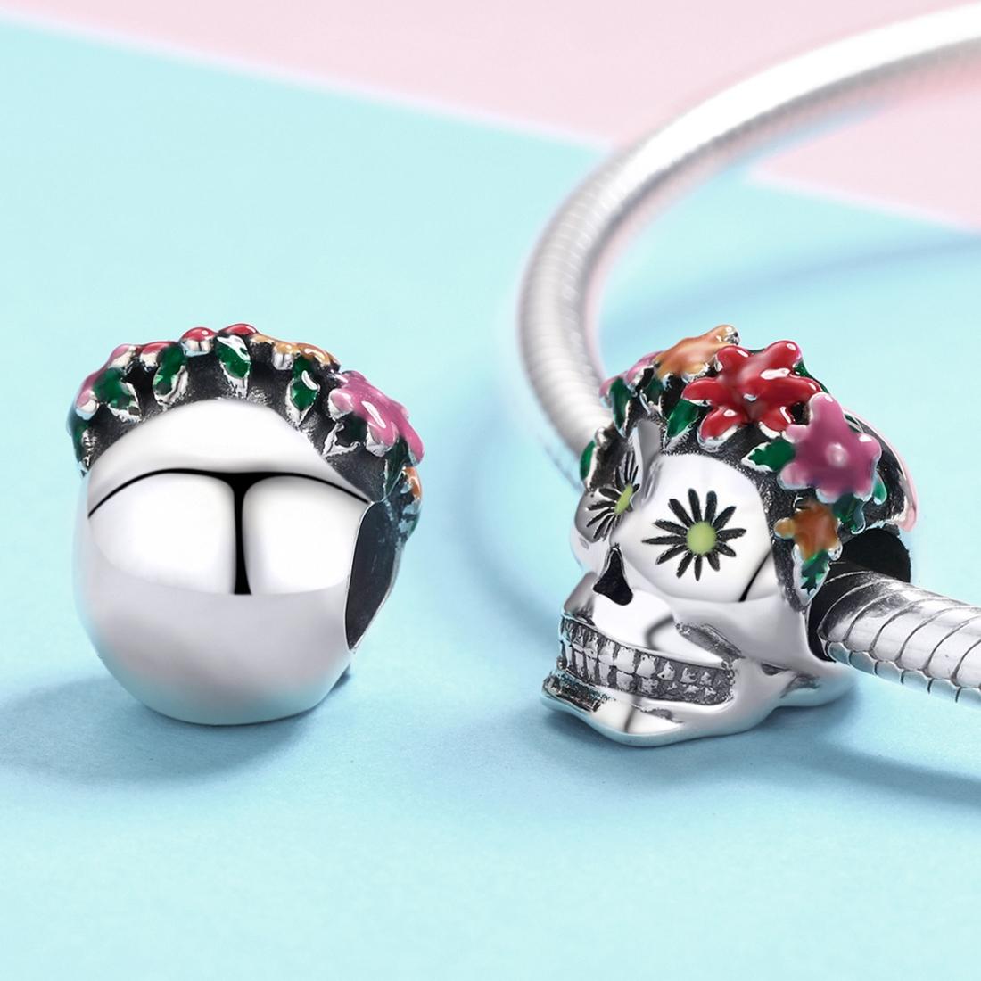 925 Sterling Silver Colorful Enamel Flower Skull Charms Bracelet
