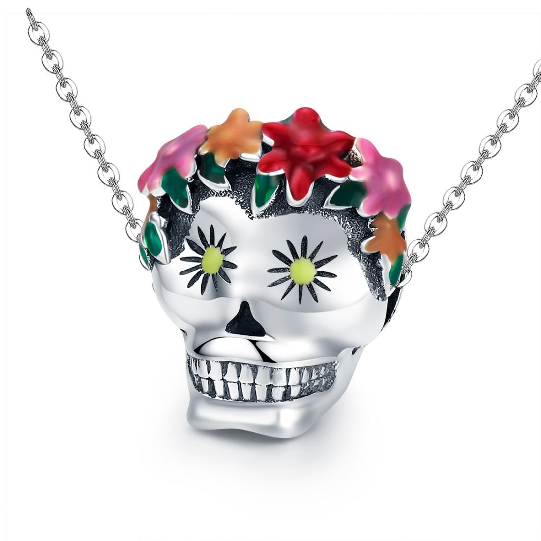 925 Sterling Silver Colorful Enamel Flower Skull Charms Bracelet