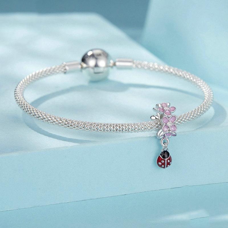 925 Sterling Silver Flower Ladybug Diy Beads Platinum Plated