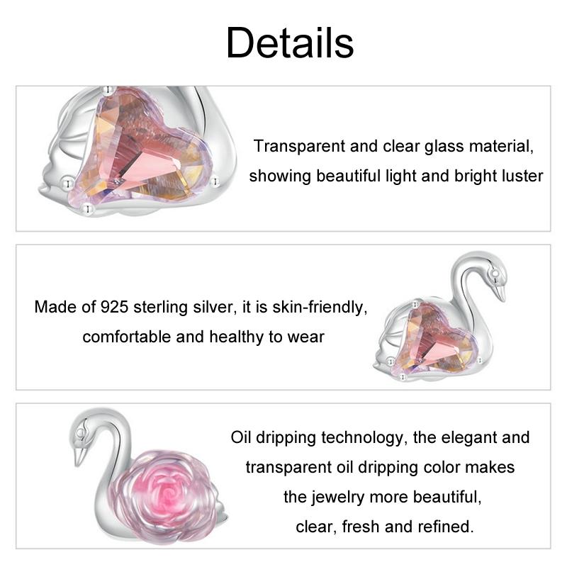 925 Sterling Silver Platinum Plated Pink Swan Rose Diy Beads
