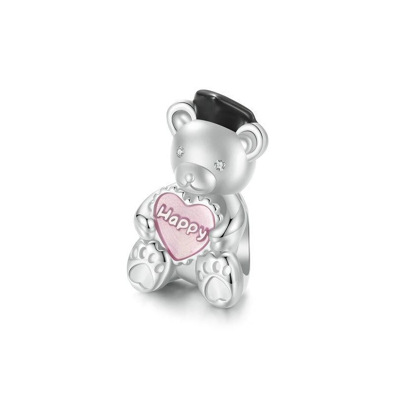 925 Sterling Silver Platinum Plated Happy Bear Heart Diy Beads