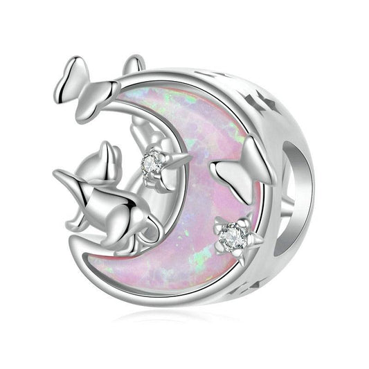 925 Sterling Silver Opal Moon Cat Pendant In Plating