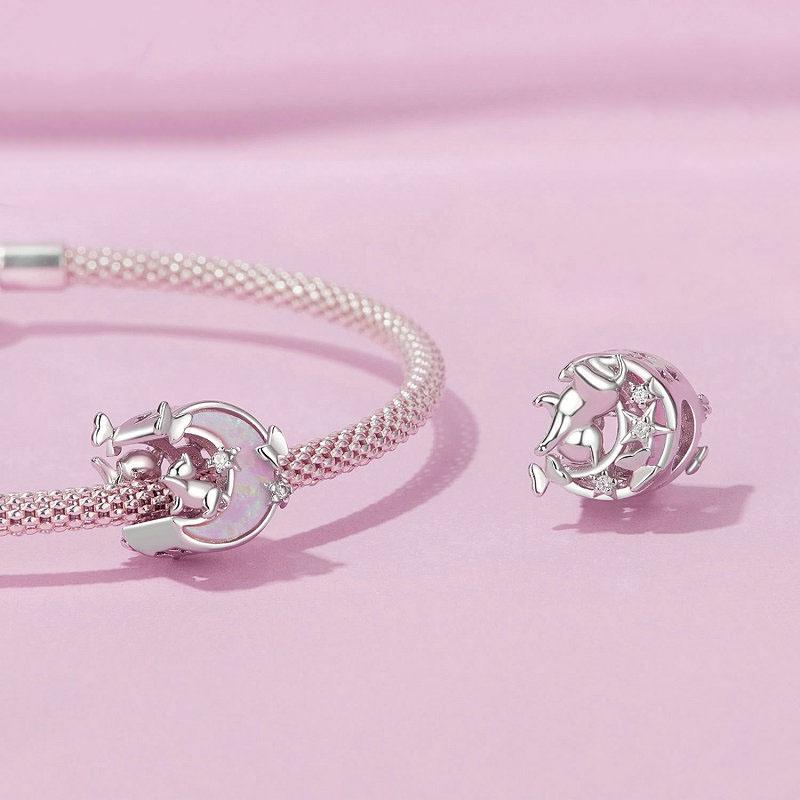 925 Sterling Silver Opal Moon Cat Pendant In Plating