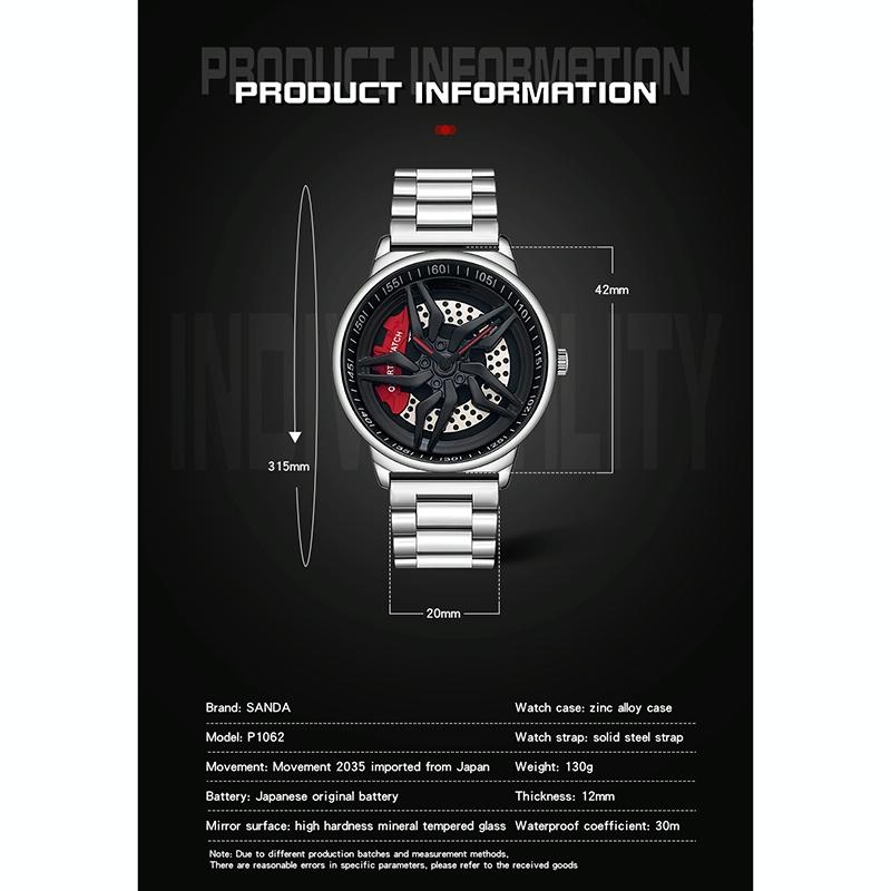 Men 360 Degree Hollow Spinning Dial Quartz Watch with Steel Strap - Silver