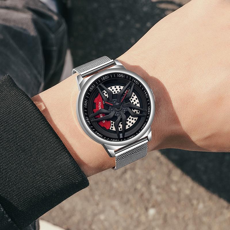 Men 360 Degree Hollow Dial Mesh Strap Quartz Watch - Spinning Design - Silver