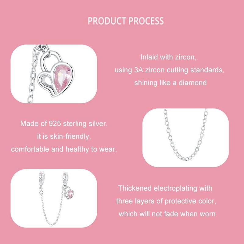 925 Sterling Silver Valentine Heart Lock Safety Chain For Diy Beading