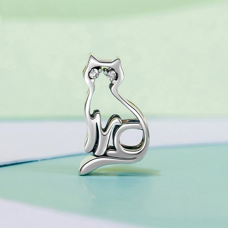925 Sterling Silver Hollow Cat Beads Cute Animal Accessory