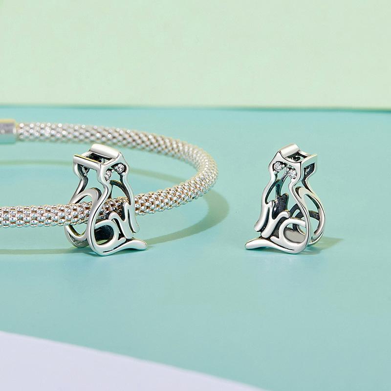 925 Sterling Silver Hollow Cat Beads Cute Animal Accessory