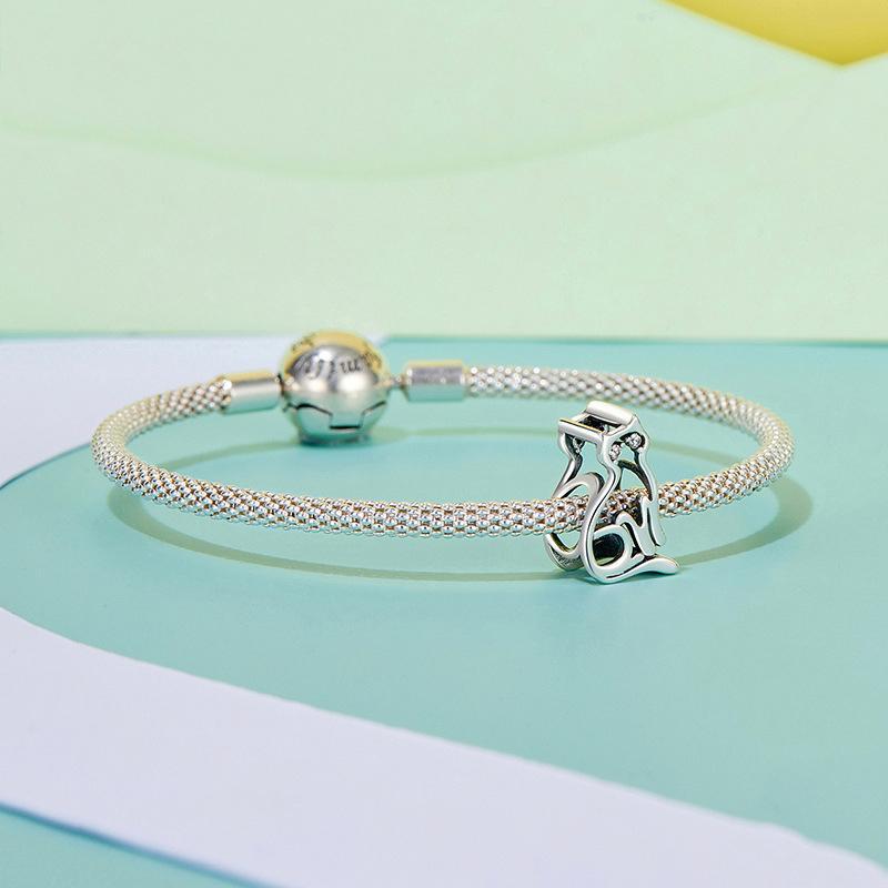 925 Sterling Silver Hollow Cat Beads Cute Animal Accessory