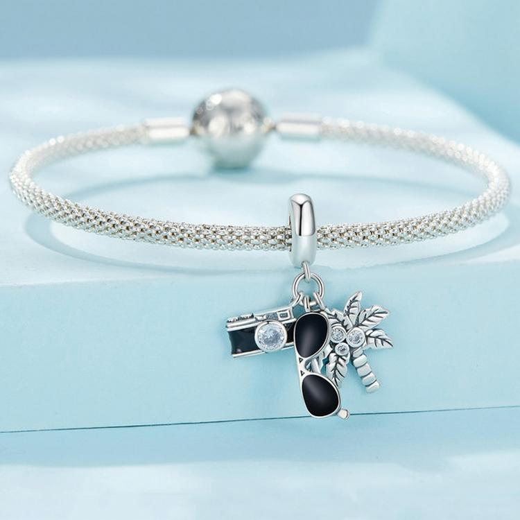 925 Sterling Silver Coconut Tree Camera Pendant Bracelet