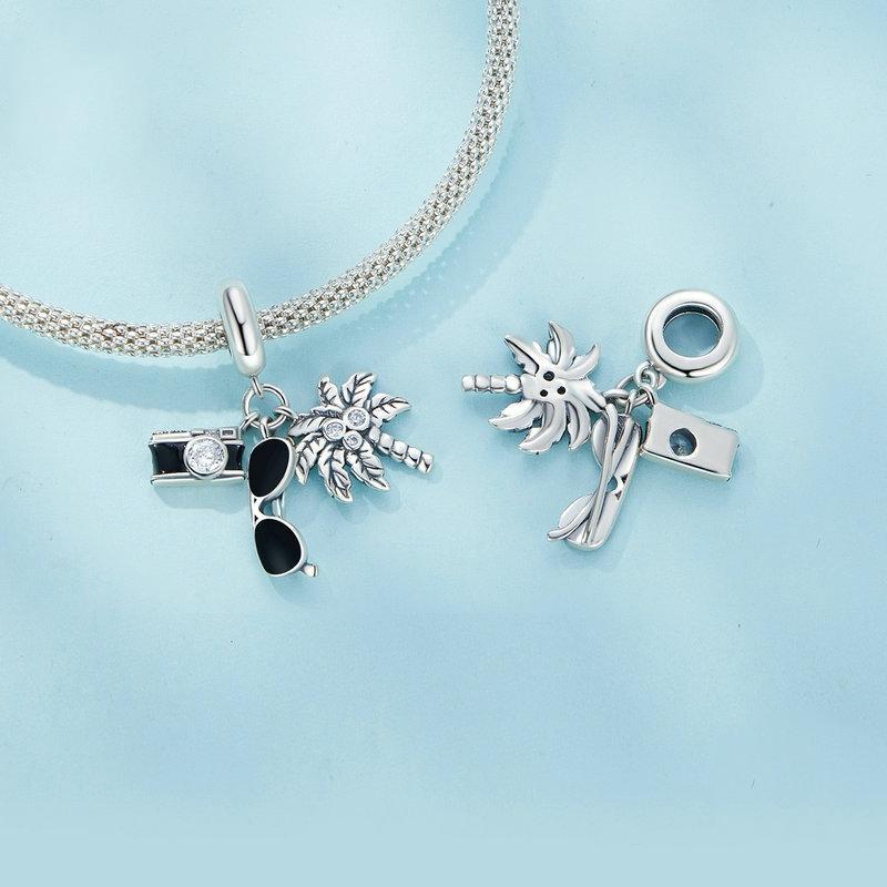 925 Sterling Silver Coconut Tree Camera Pendant Bracelet