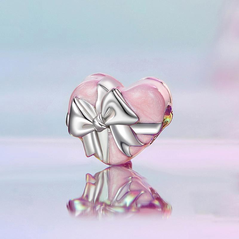 925 Sterling Silver Platinum Heart Bow Beads Gift Box