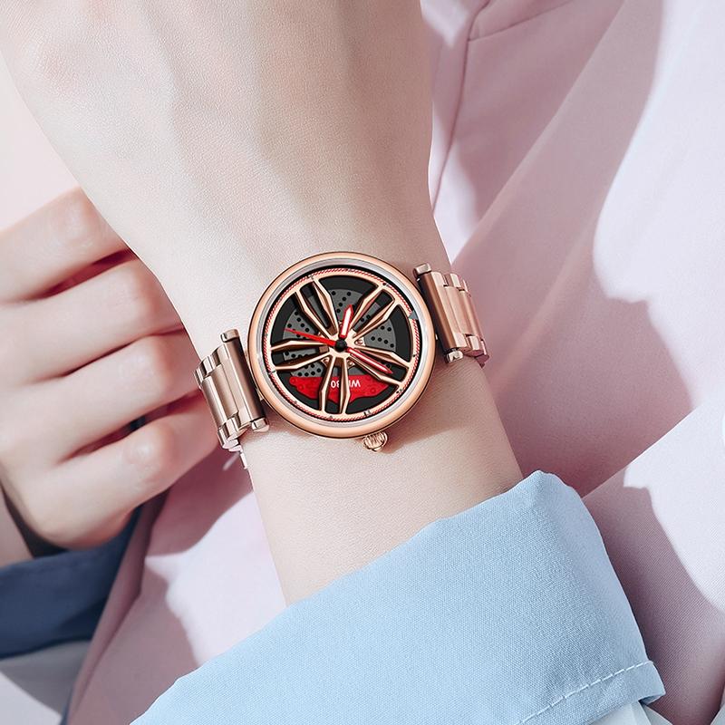 Women Steel Belt Quartz Watch with 3d Hollow out Wheel Design - Black Red