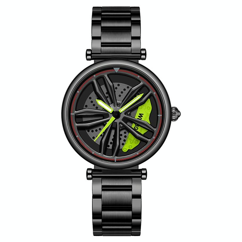 Women Steel Belt Quartz Watch with 3d Hollow out Wheel Design - Black Red