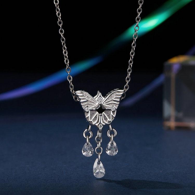925 Sterling Silver Platinum Plated Butterfly Tassel Pendant
