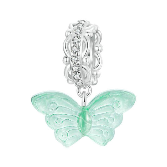 925 Sterling Silver Platinum Plated Zircon Butterfly Glass Pendant