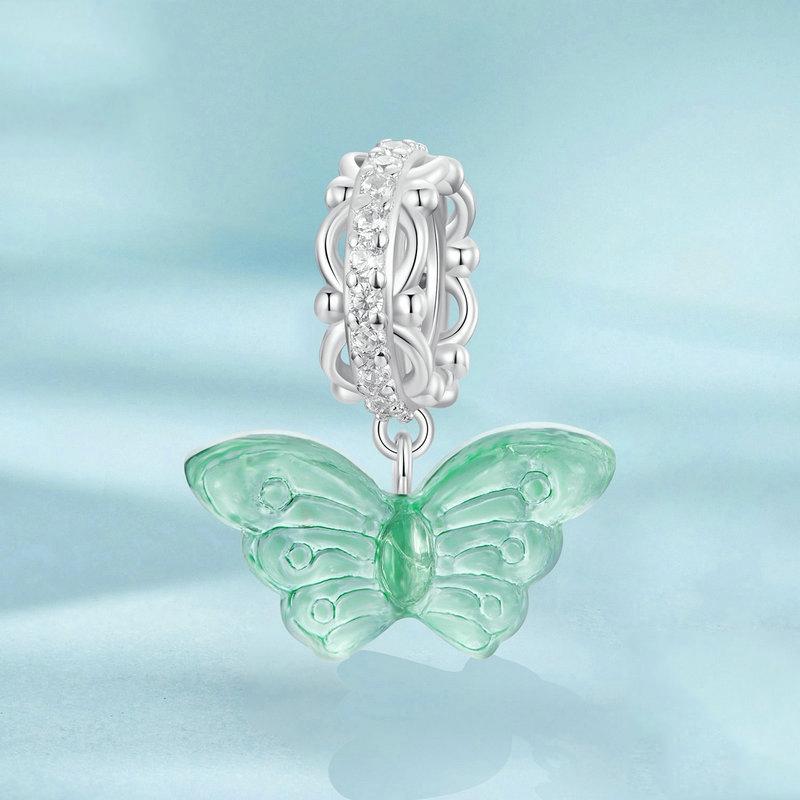 925 Sterling Silver Platinum Plated Zircon Butterfly Glass Pendant