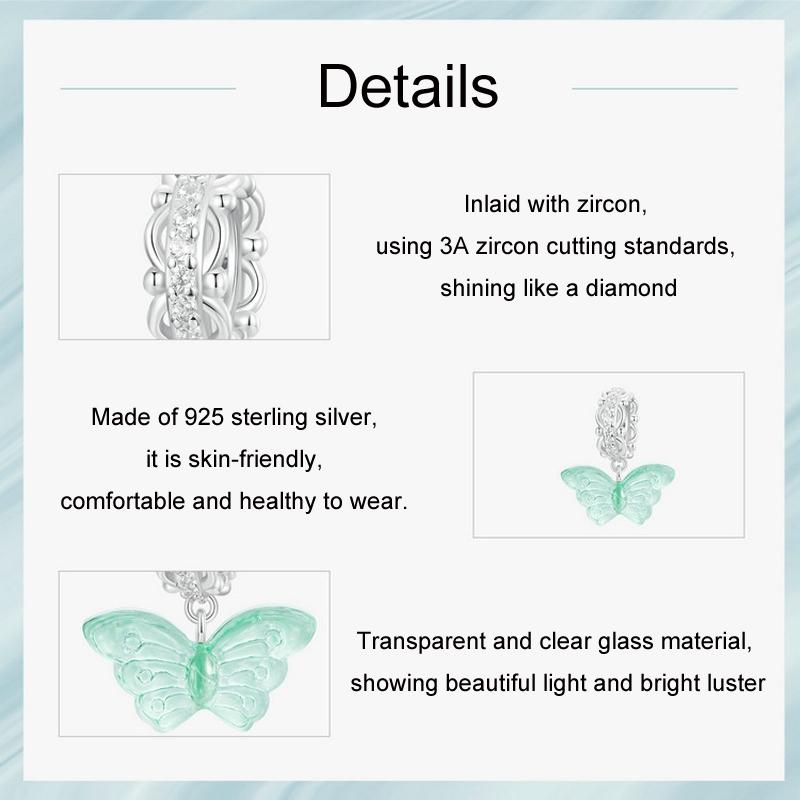 925 Sterling Silver Platinum Plated Zircon Butterfly Glass Pendant