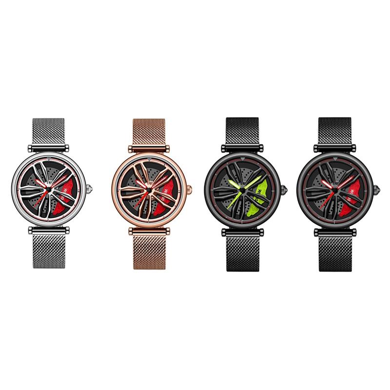 Women Quartz Watch with 3d Hollow out Wheel Design - Black Red