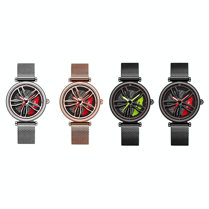 Women Quartz Watch with 3d Hollow out Wheel Design - Black Red