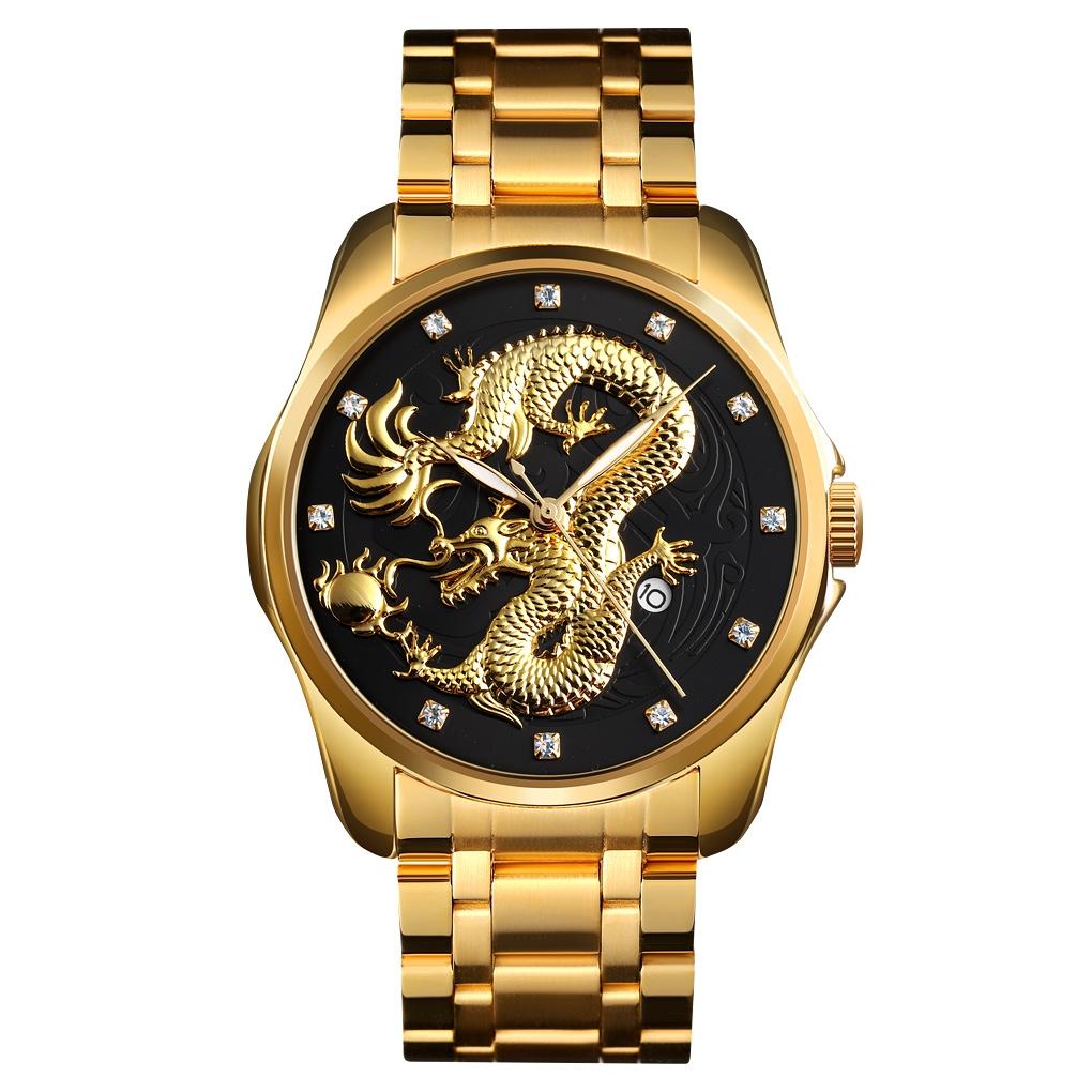 Men Golden Dragon Calendar Dial Quartz Watch with Luminous Hands - Silver Black