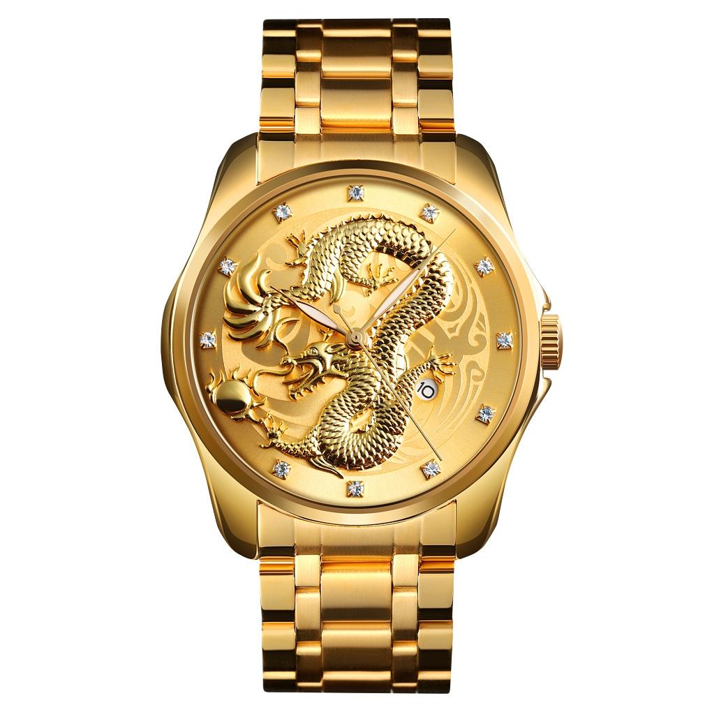 Men Golden Dragon Calendar Dial Quartz Watch with Luminous Hands - Silver Black