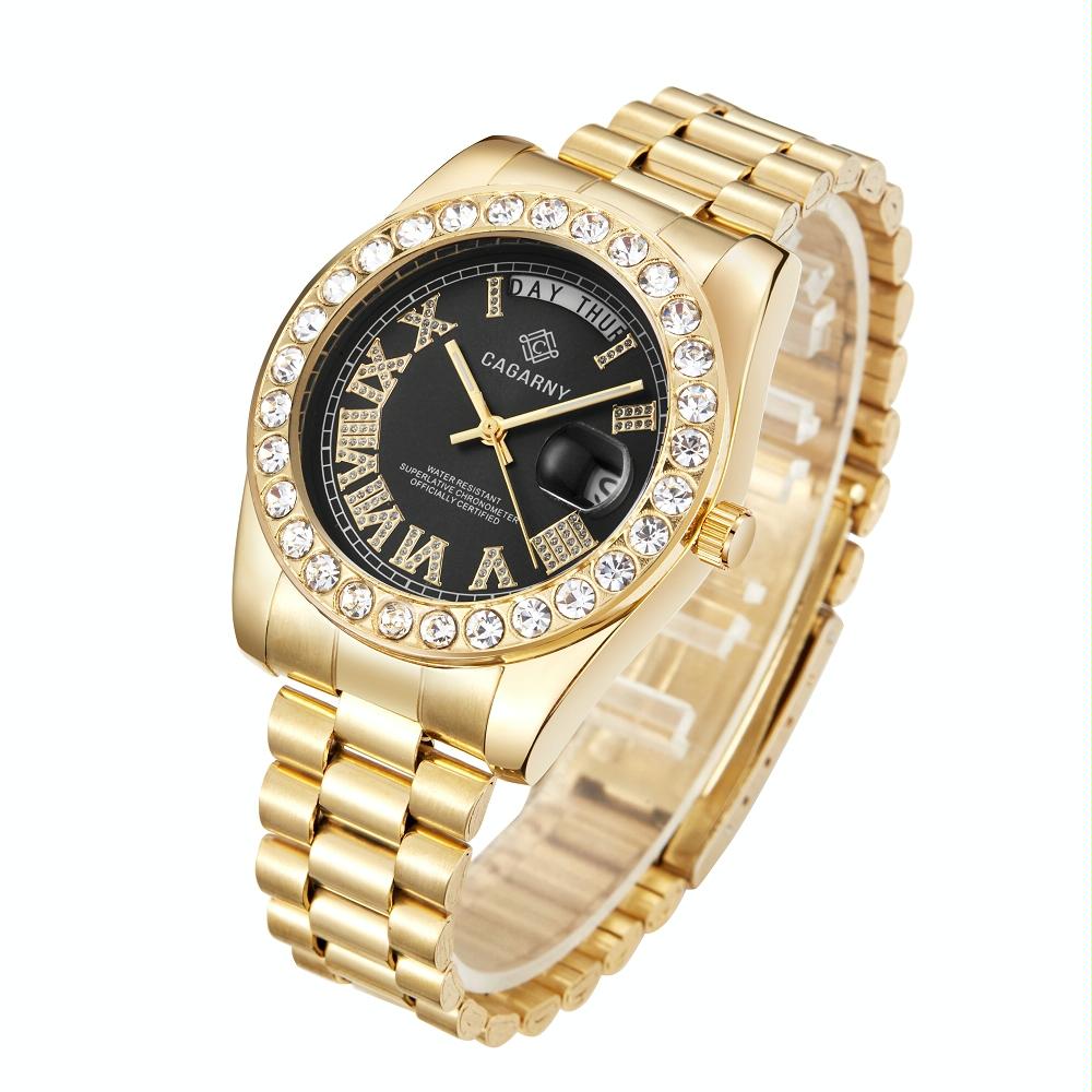 Men Quartz Watch with Diamond-encrusted Roman Numeral Dial - Gold Shell Red Dial