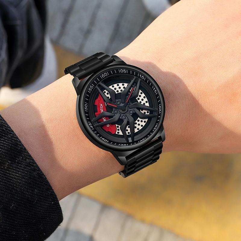 Men 360 Degree Hollow Spinning Dial Quartz Watch with Steel Strap - Black