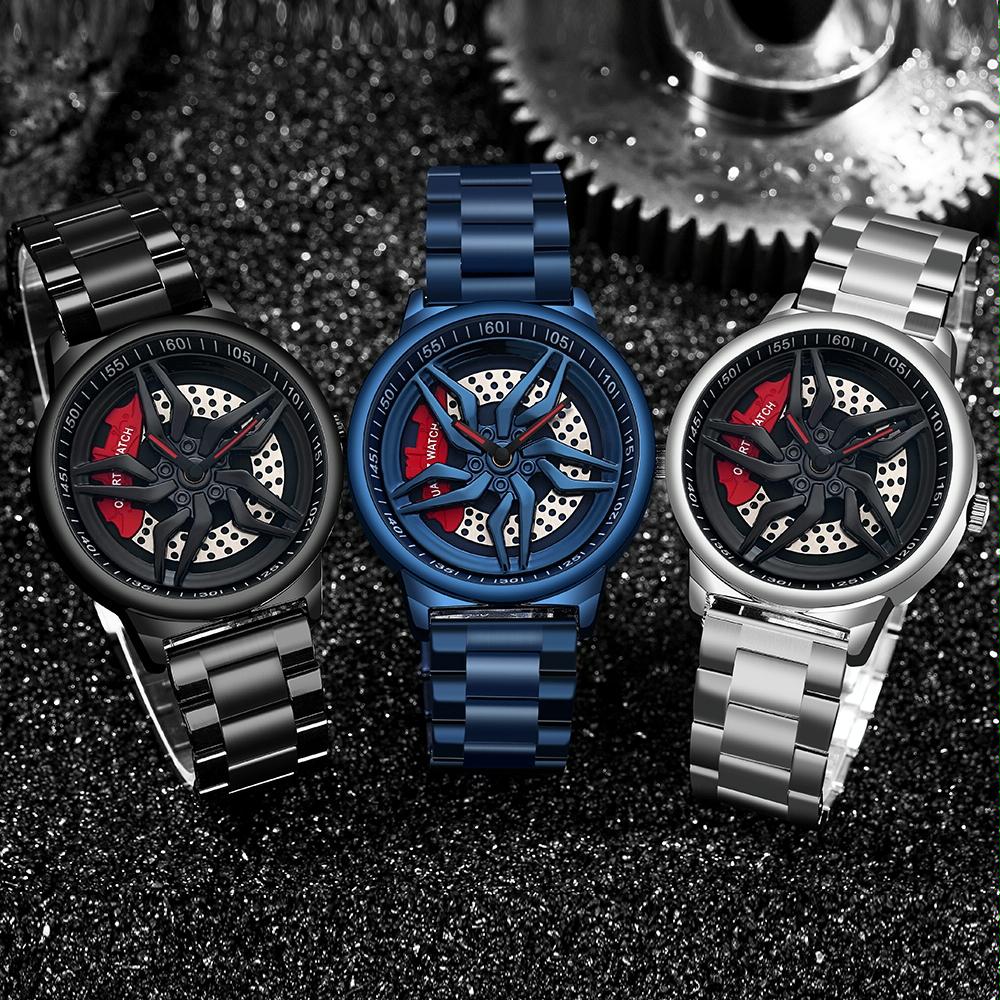 Men 360 Degree Hollow Spinning Dial Quartz Watch with Steel Strap - Black