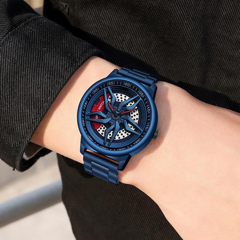 Men 360 Degree Hollow Spinning Dial Quartz Watch with Steel Strap - Black