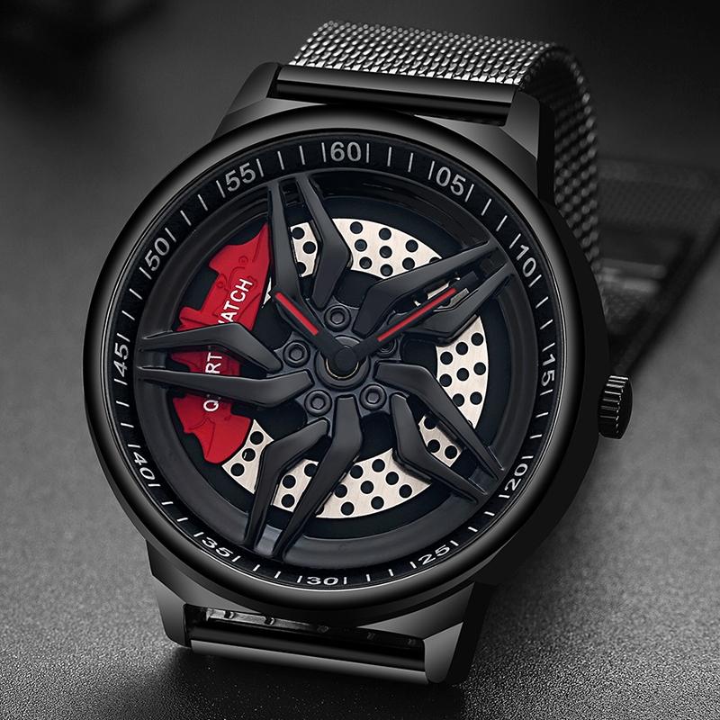 Men 360 Degree Hollow Dial Mesh Strap Quartz Watch - Spinning Design - Black