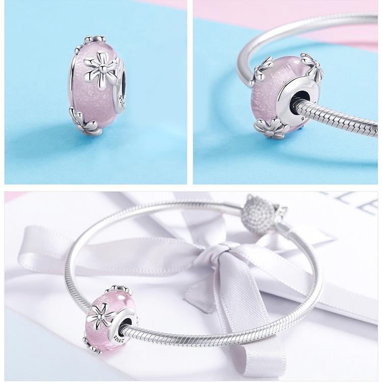 925 Sterling Silver Seasonal Glass Bead Bracelet Charms - Pink