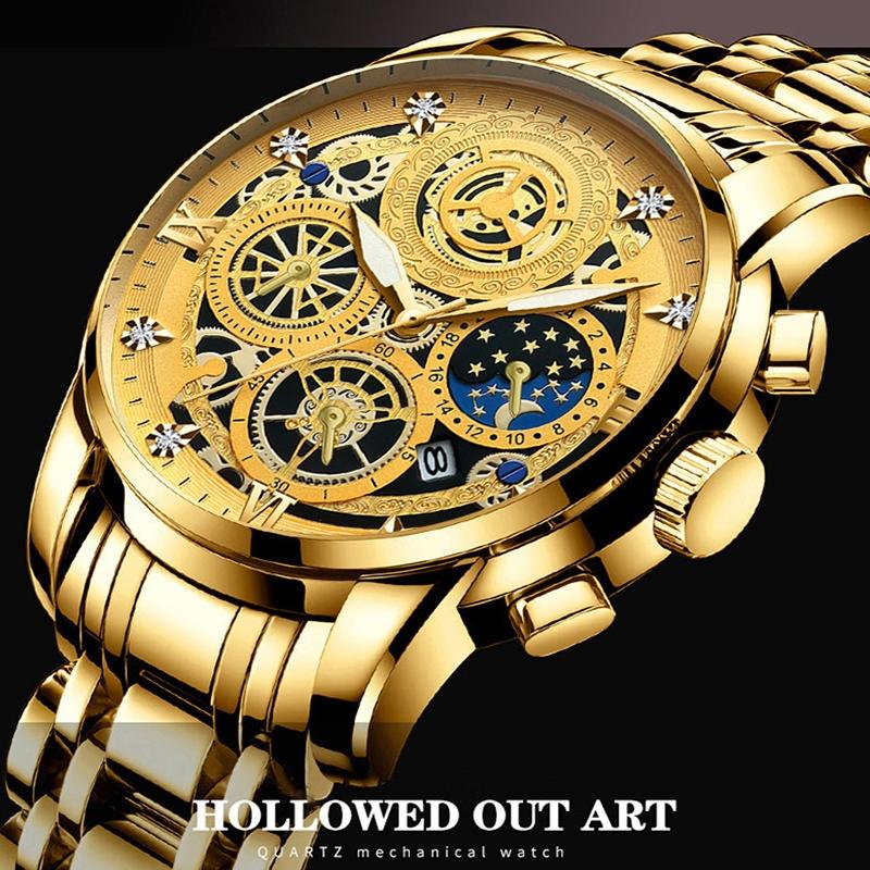 Waterproof Luminous Quartz Watch with Multifunctional Design - Full Gold Black Surface