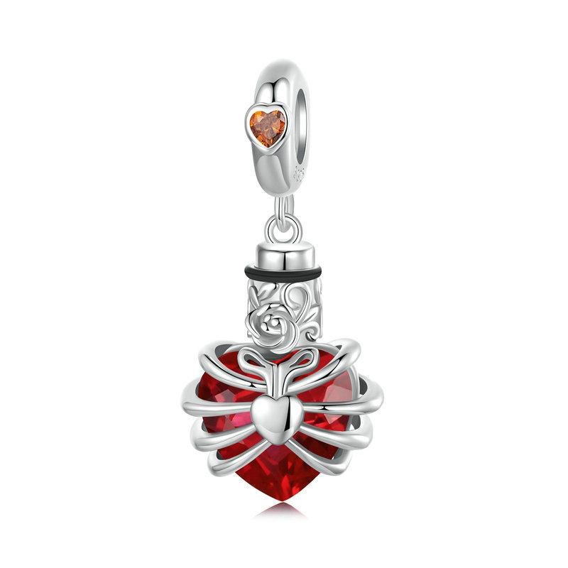 925 Sterling Silver Heart Pendant With Beaded Detail - Red