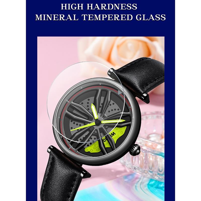 Women Steel Belt Quartz Watch with 3d Hollow out Wheel Design - Black Green
