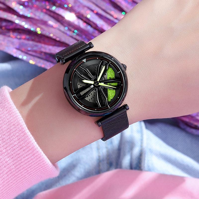 Women Steel Belt Quartz Watch with 3d Hollow out Wheel Design - Black Green
