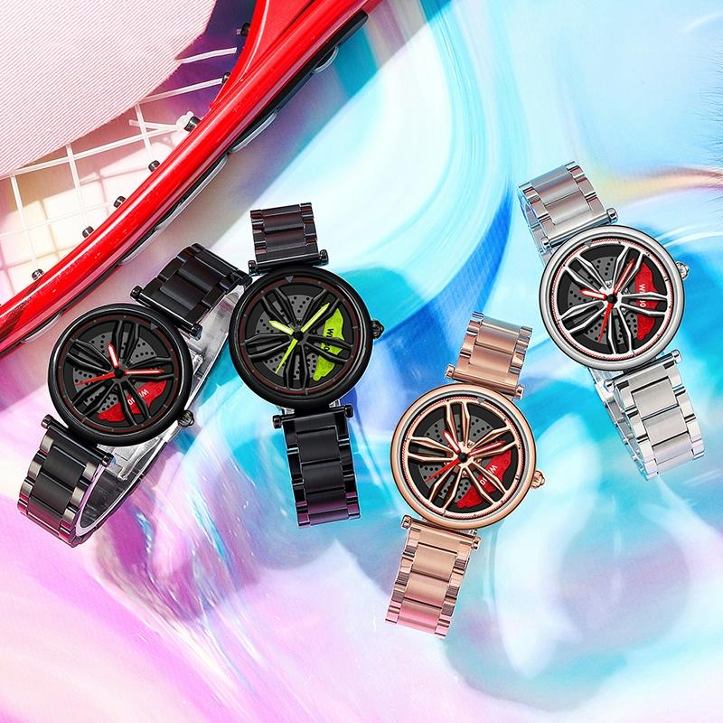 Women Steel Belt Quartz Watch with 3d Hollow out Wheel Design - Black Green