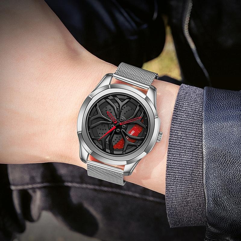 Men Mesh Belt Quartz Watch with 3d Hollow out Wheel - Black Green