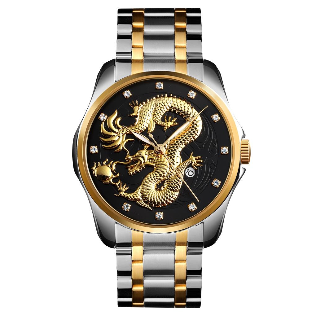 Men Golden Dragon Calendar Dial Quartz Watch with Luminous Hands - Gold