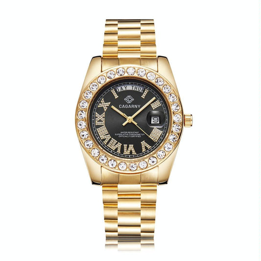 Men Quartz Watch with Diamond-encrusted Roman Numeral Dial - Gold Shell Black Dial