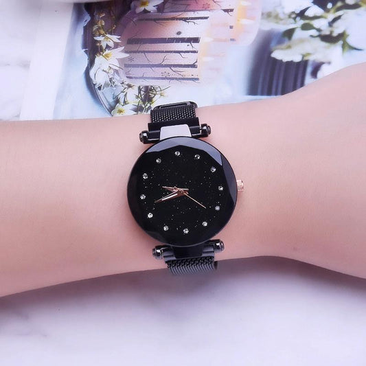 Starry Diamond Geometric Quartz Watch with Magnet Buckle - Luxury Mesh for Women - Black