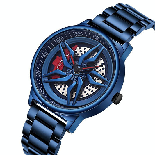 Men 360 Degree Hollow Spinning Dial Quartz Watch with Steel Strap - Blue