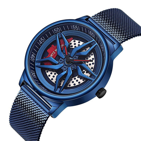 Men 360 Degree Hollow Dial Mesh Strap Quartz Watch - Spinning Design - Blue