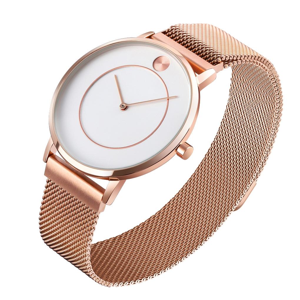 Women Metal Mesh Quartz Watch with Non-scale Dial - Rose Gold Black Surface