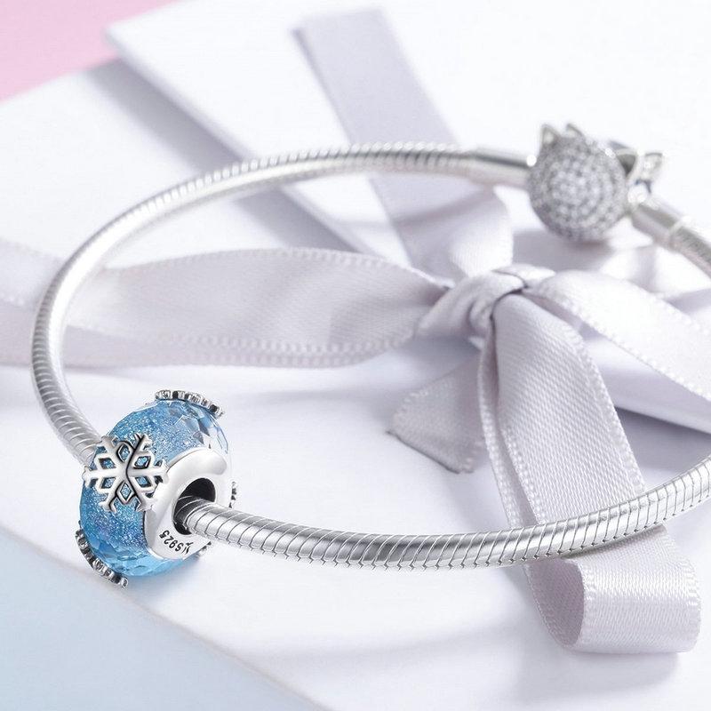 925 Sterling Silver Seasonal Glass Bead Bracelet Charms - Light Blue